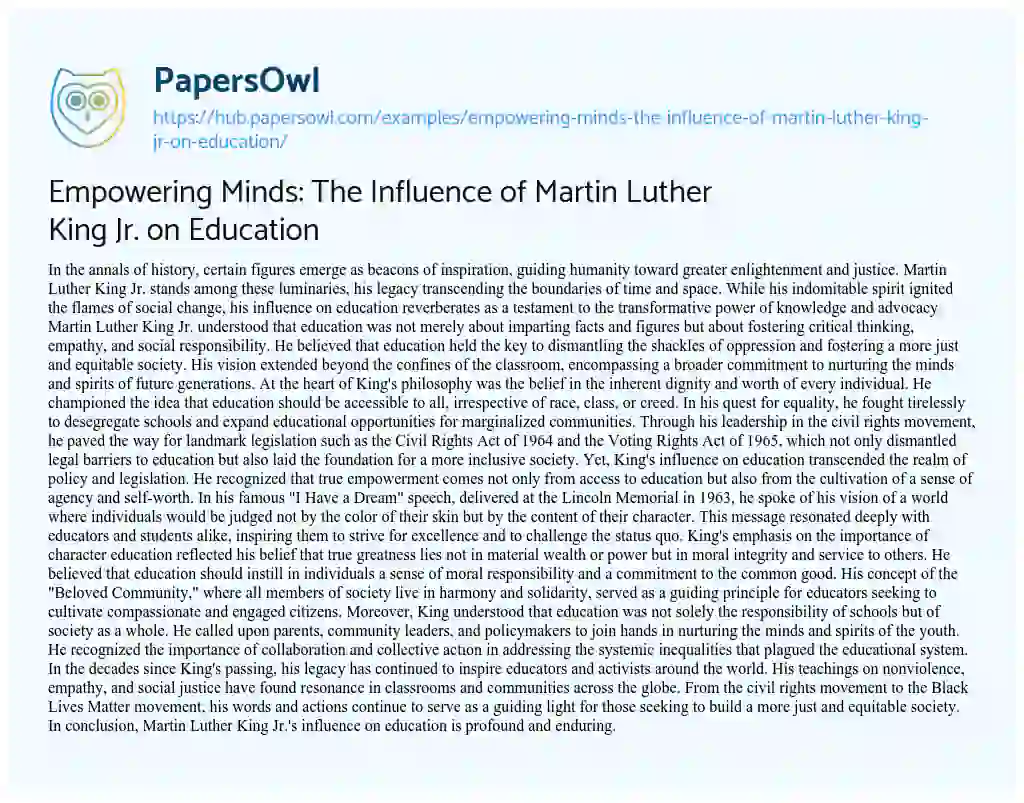 Essay on Empowering Minds: The Influence of Martin Luther King Jr. on Education