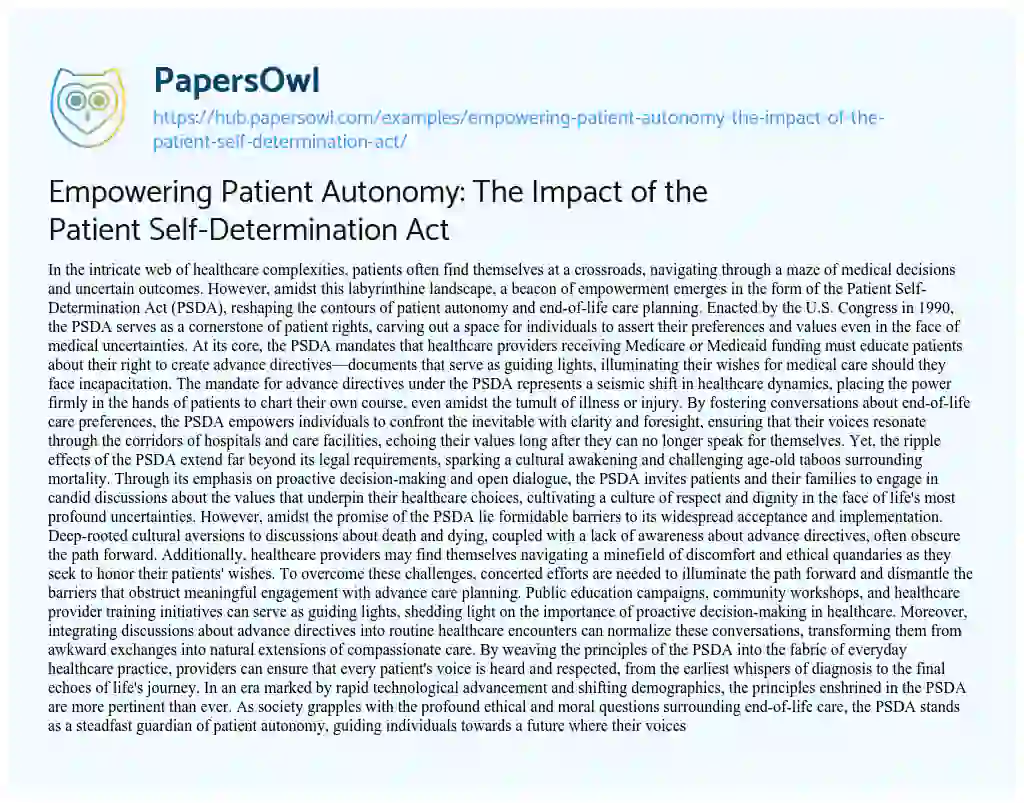Essay on Empowering Patient Autonomy: The Impact of the Patient Self-Determination Act