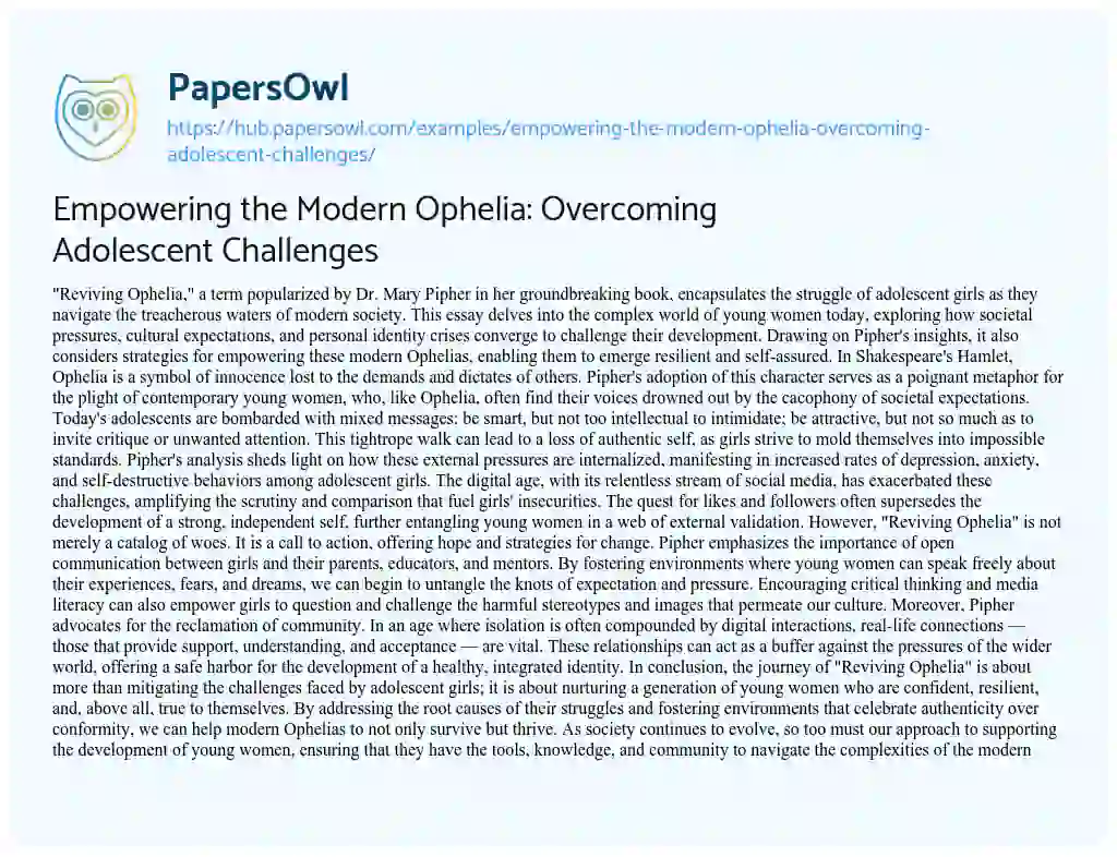 Essay on Empowering the Modern Ophelia: Overcoming Adolescent Challenges