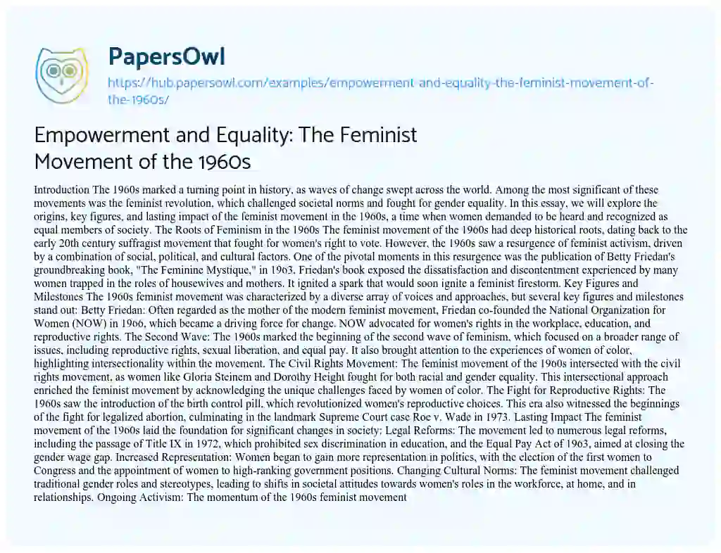 Essay on Empowerment and Equality: The Feminist Movement of the 1960s