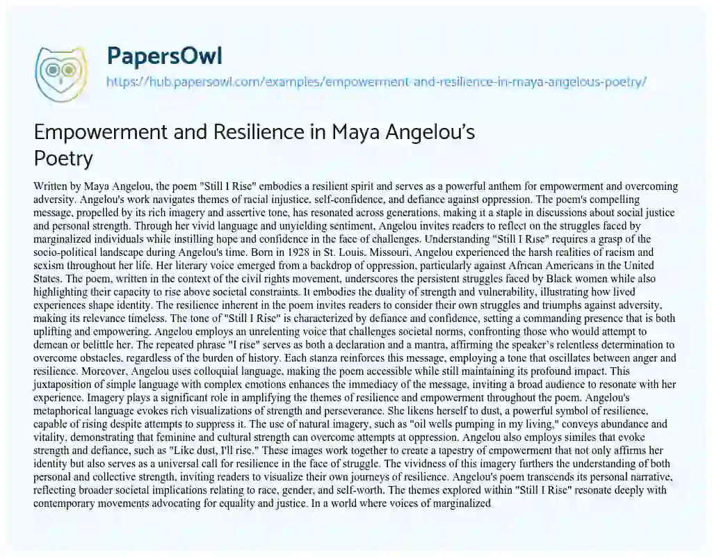 Essay on Empowerment and Resilience in Maya Angelou’s Poetry