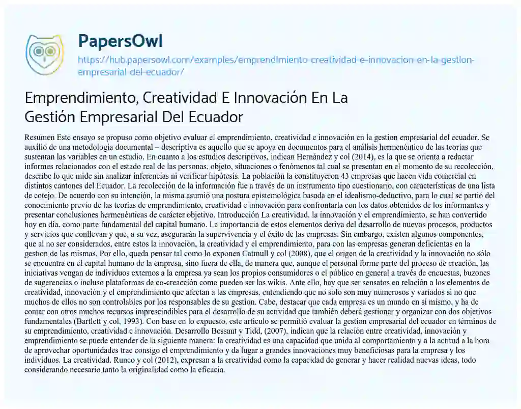 Essay on Emprendimiento, Creatividad E Innovación En La Gestión Empresarial Del Ecuador