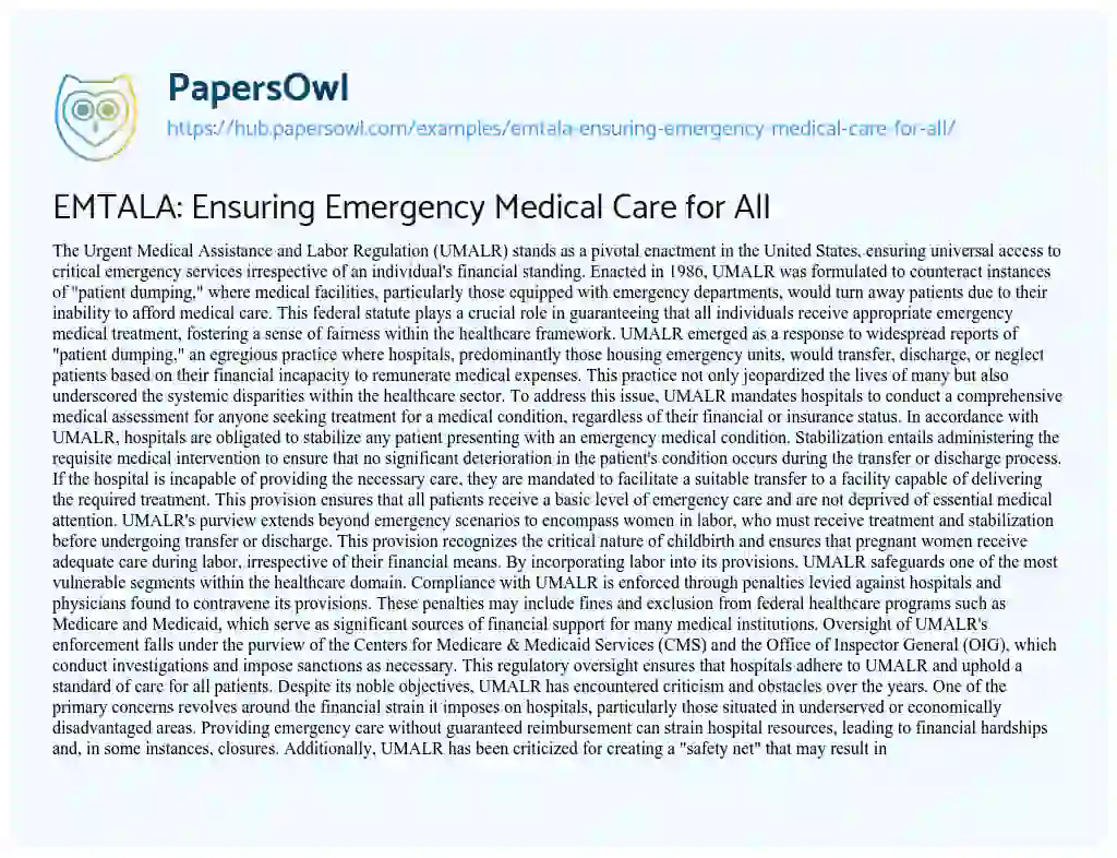 Essay on EMTALA: Ensuring Emergency Medical Care for All
