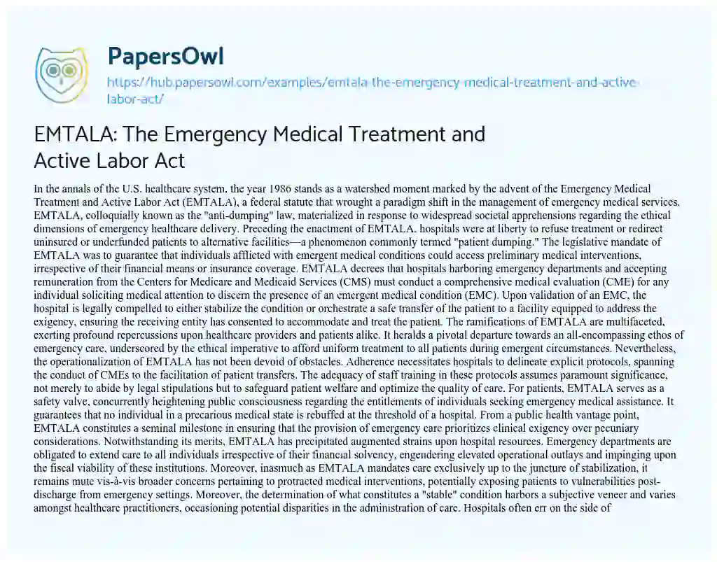 Essay on EMTALA: The Emergency Medical Treatment and Active Labor Act