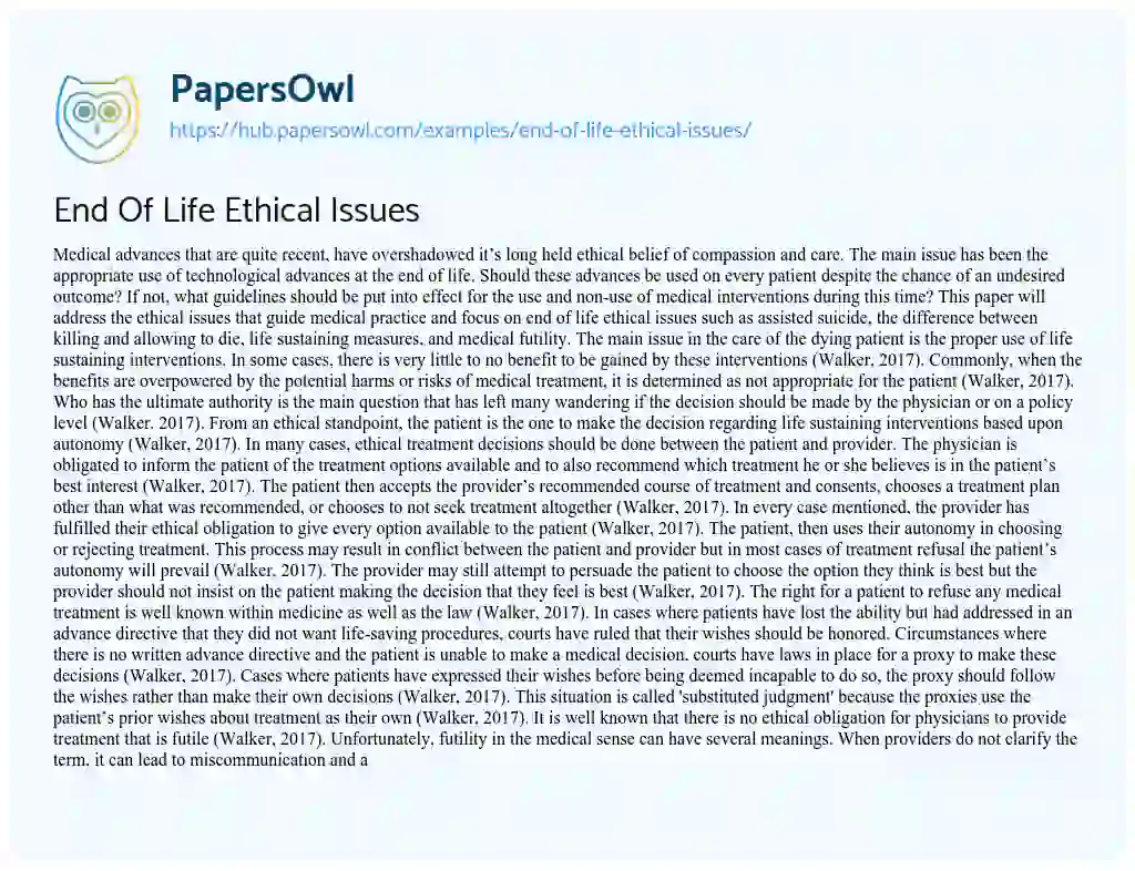 Essay on End Of Life Ethical Issues