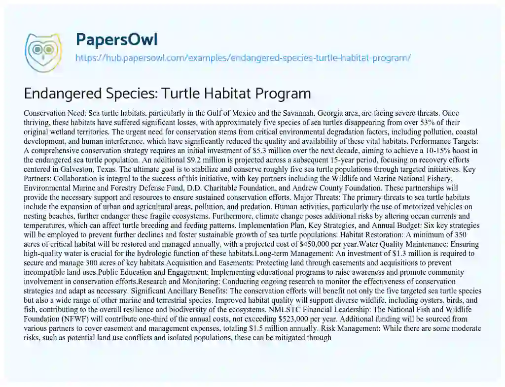 Essay on Endangered Species: Turtle Habitat Program