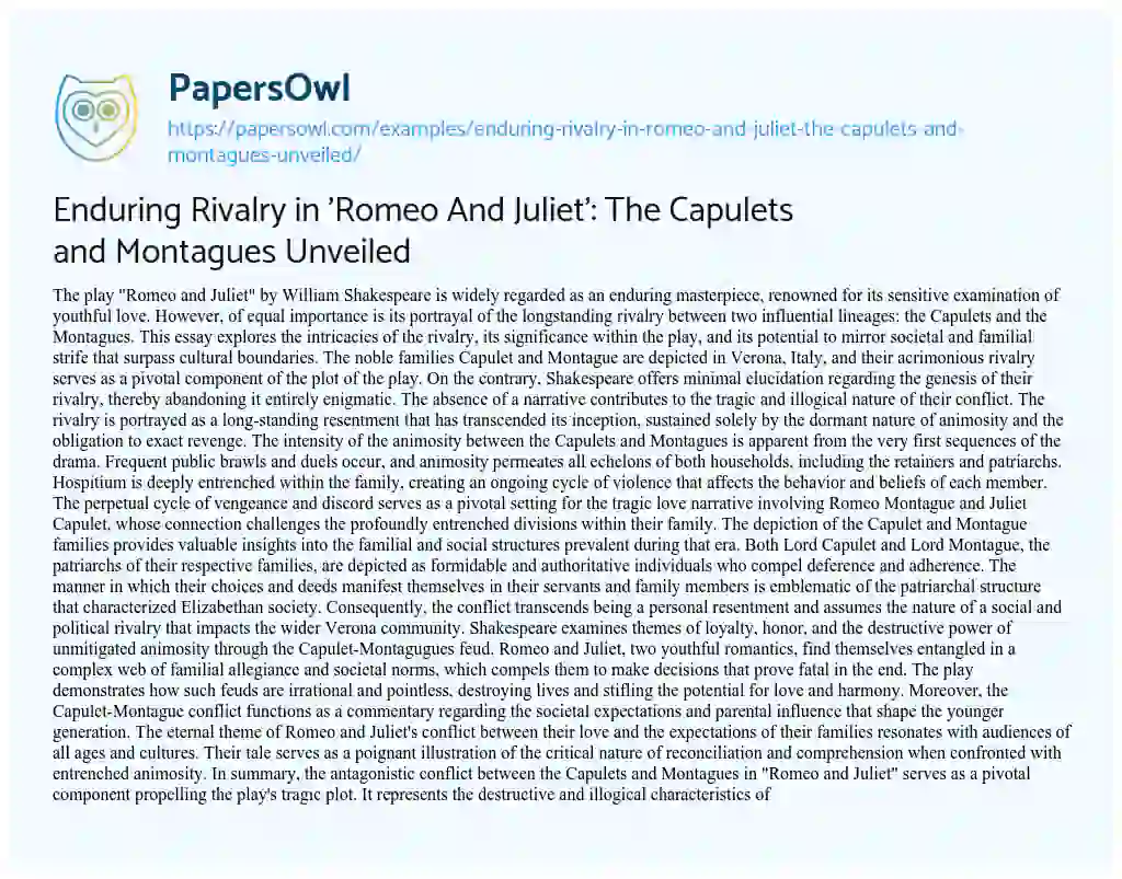 Essay on Enduring Rivalry in ‘Romeo And Juliet’: The Capulets and Montagues Unveiled