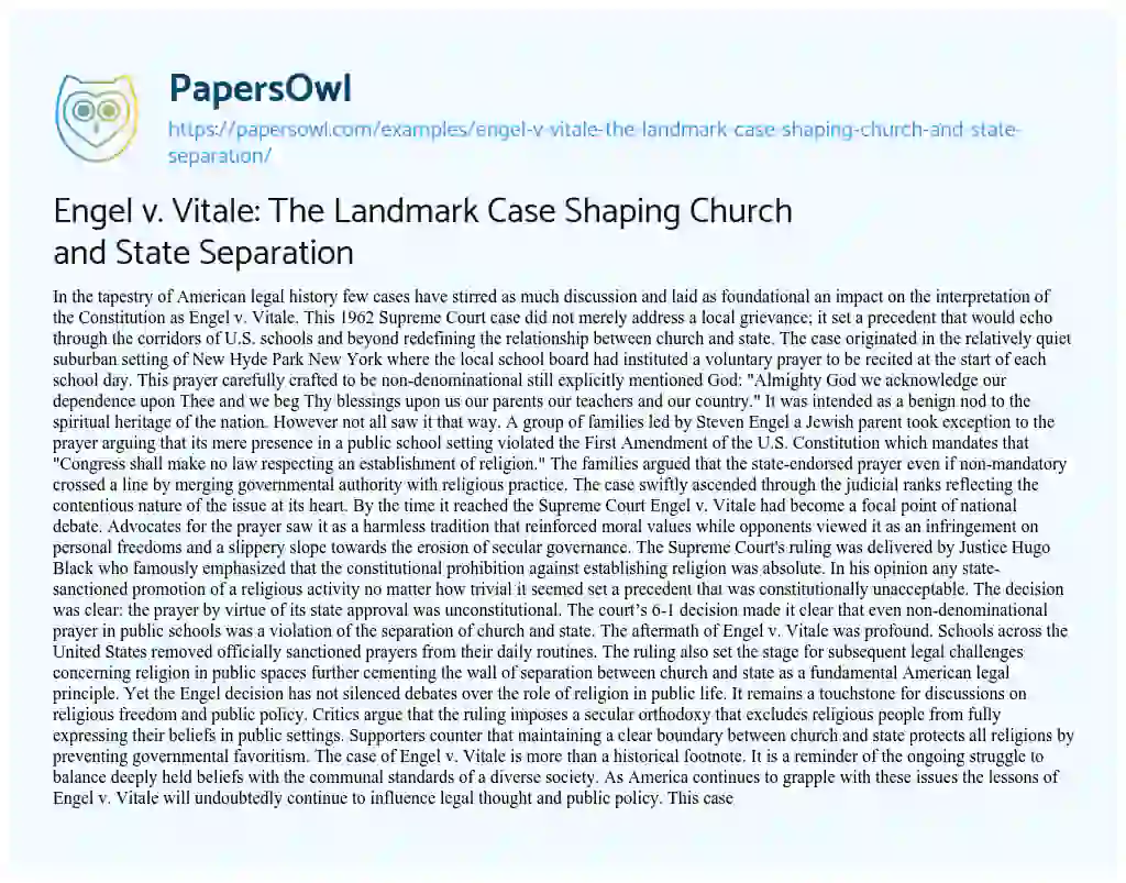 Essay on Engel v. Vitale: The Landmark Case Shaping Church and State Separation