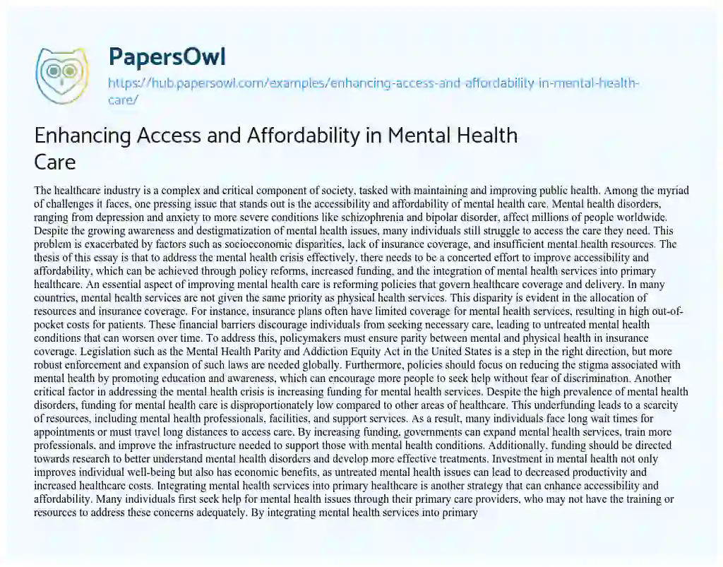 Essay on Enhancing Access and Affordability in Mental Health Care