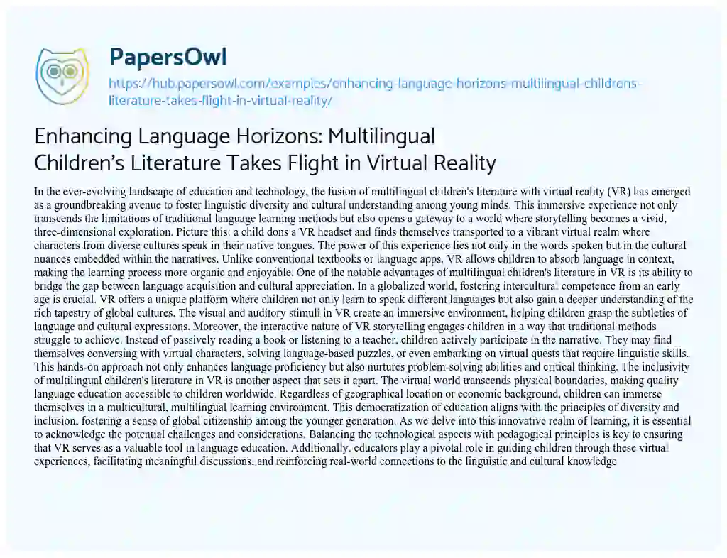 Essay on Enhancing Language Horizons: Multilingual Children’s Literature Takes Flight in Virtual Reality