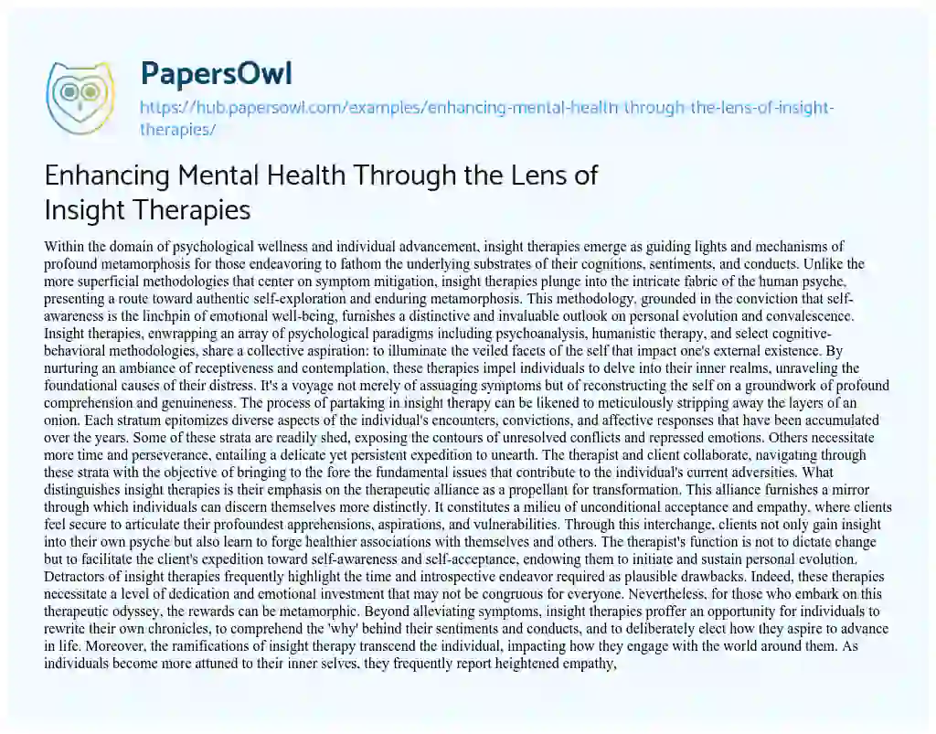 Essay on Enhancing Mental Health Through the Lens of Insight Therapies