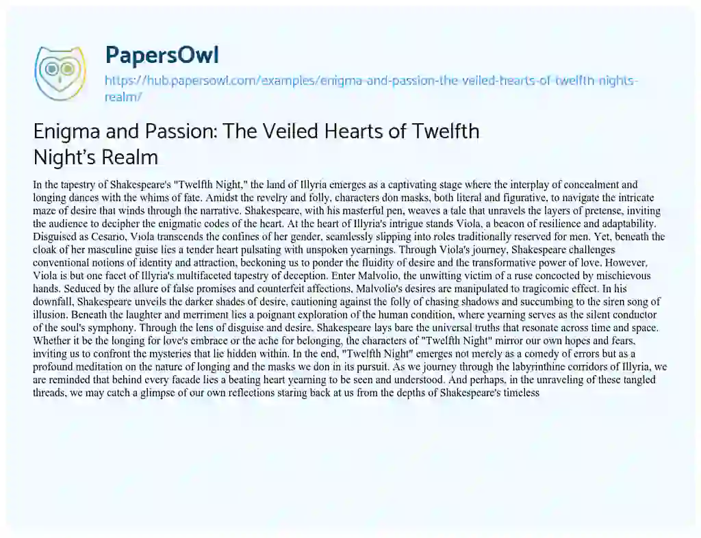 Essay on Enigma and Passion: The Veiled Hearts of Twelfth Night’s Realm