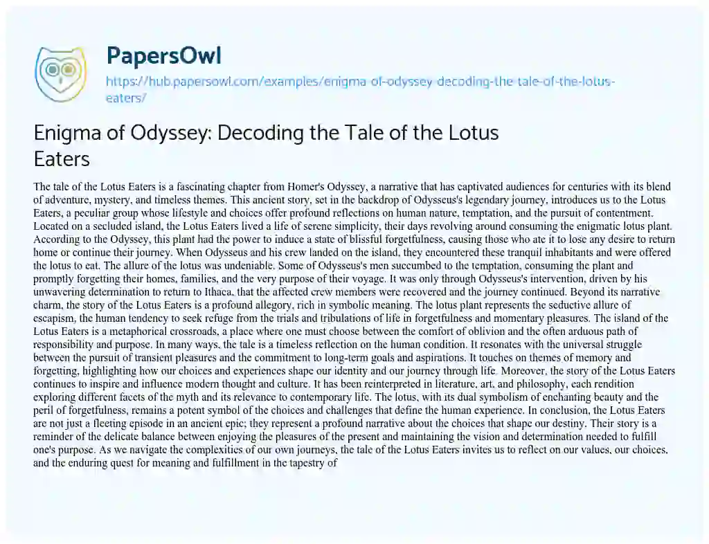 Essay on Enigma of Odyssey: Decoding the Tale of the Lotus Eaters