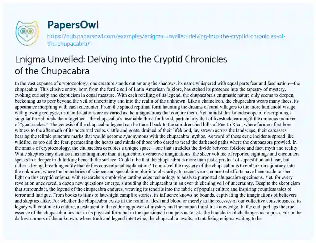Essay on Enigma Unveiled: Delving into the Cryptid Chronicles of the Chupacabra