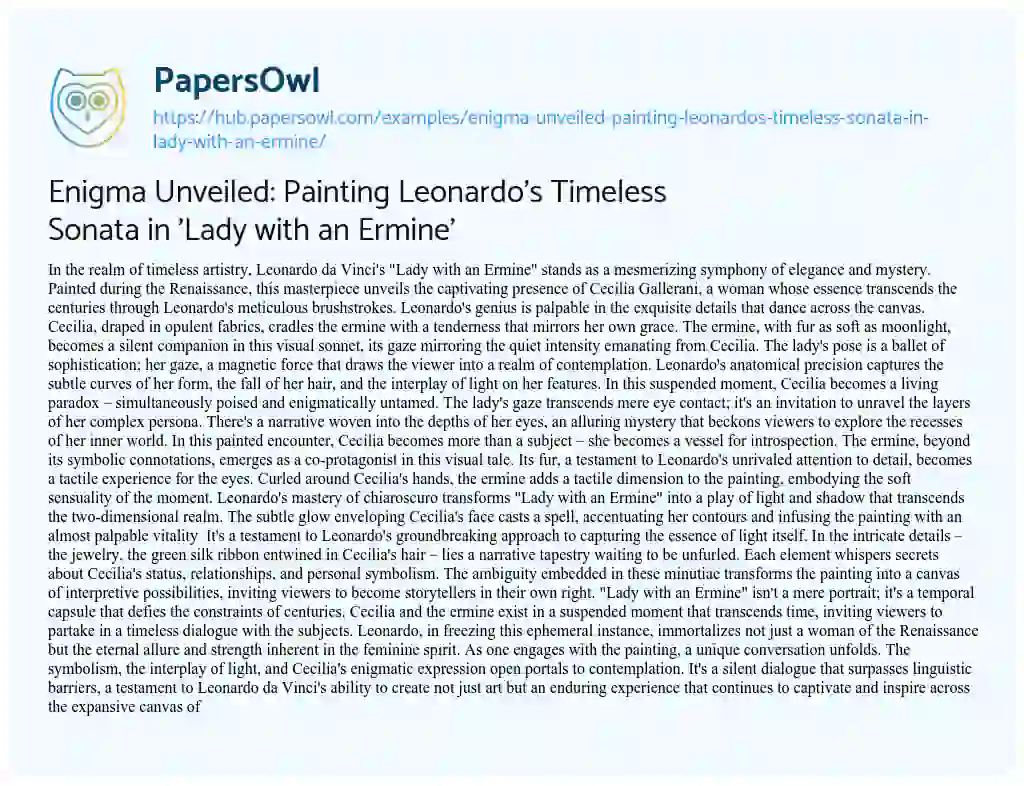 Essay on Enigma Unveiled: Painting Leonardo’s Timeless Sonata in ‘Lady with an Ermine’