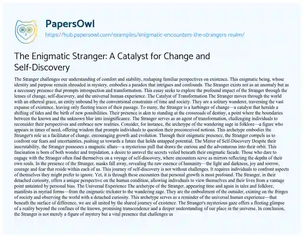 Essay on The Enigmatic Stranger: A Catalyst for Change and Self-Discovery