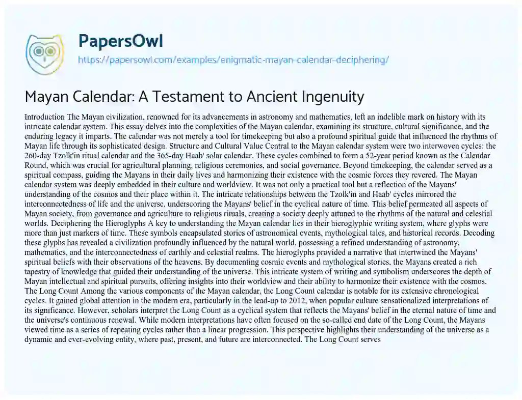 Essay on Mayan Calendar: A Testament to Ancient Ingenuity