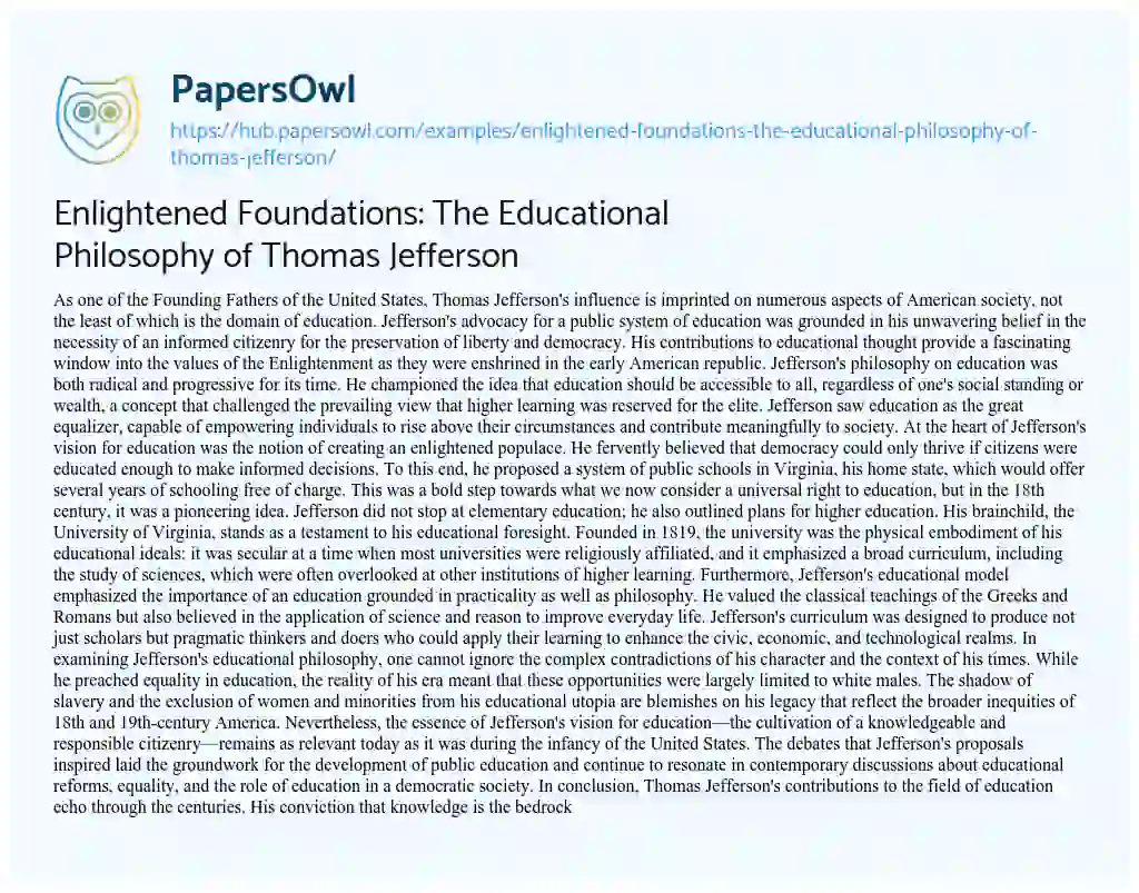 Essay on Enlightened Foundations: The Educational Philosophy of Thomas Jefferson
