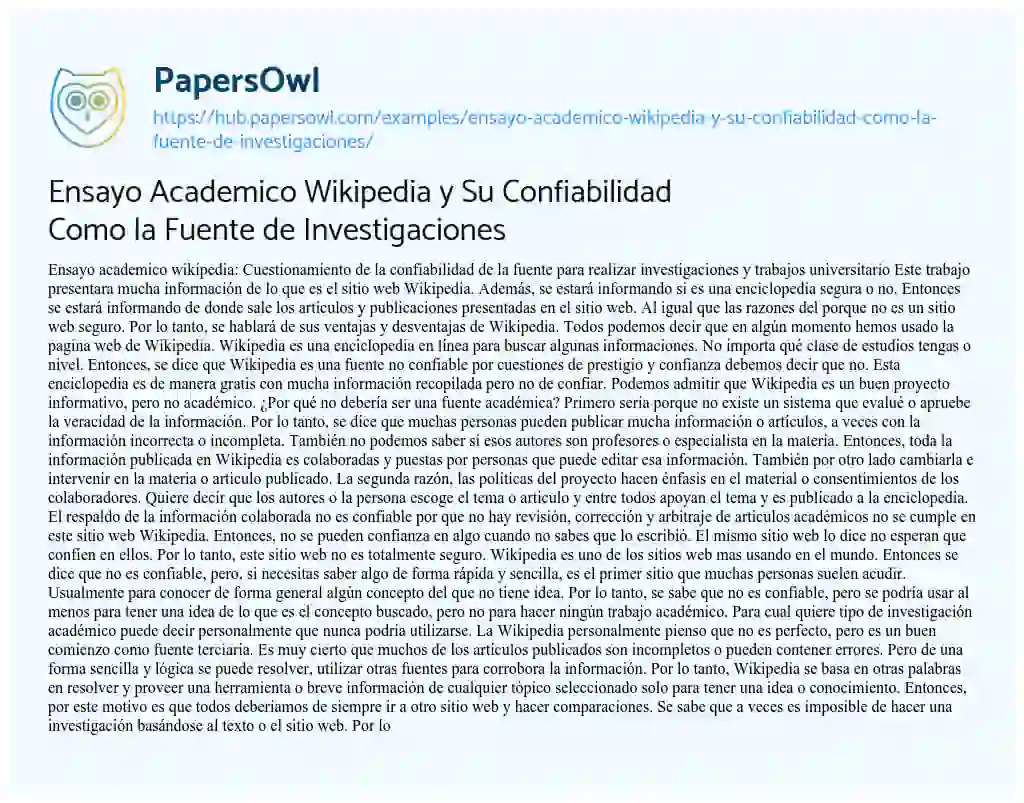 Essay on Ensayo Academico Wikipedia y Su Confiabilidad Como la Fuente de Investigaciones