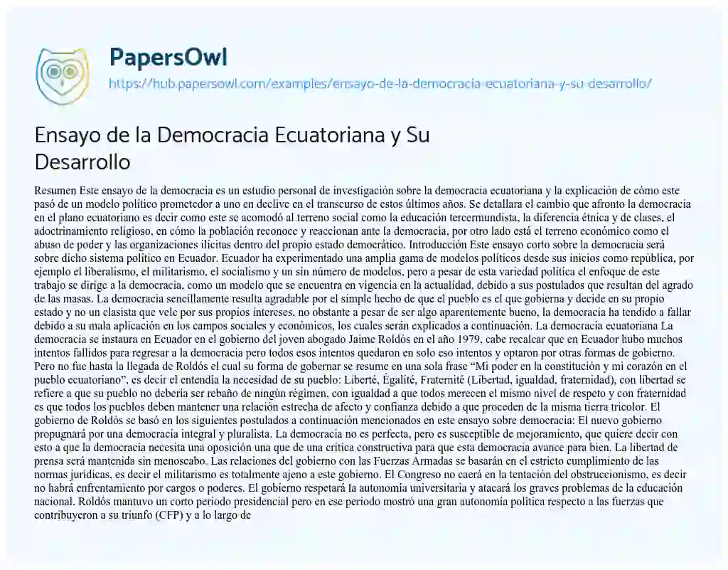 Essay on Ensayo de la Democracia Ecuatoriana y Su Desarrollo