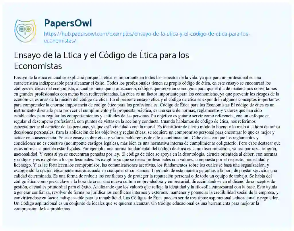 Essay on Ensayo de la Etica y el Código de Ética para los Economistas
