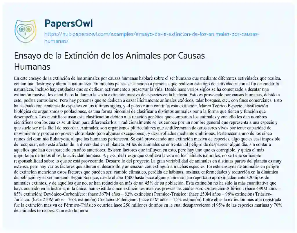 Essay on Ensayo de la Extinción de los Animales por Causas Humanas