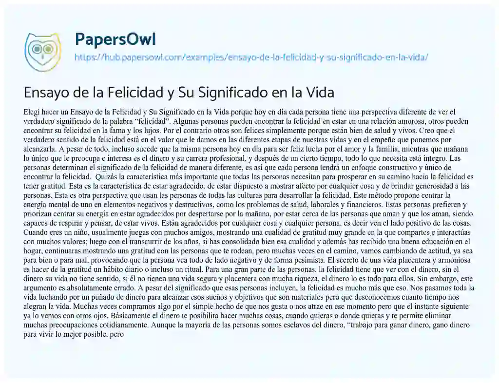 Essay on Ensayo de la Felicidad y Su Significado en la Vida