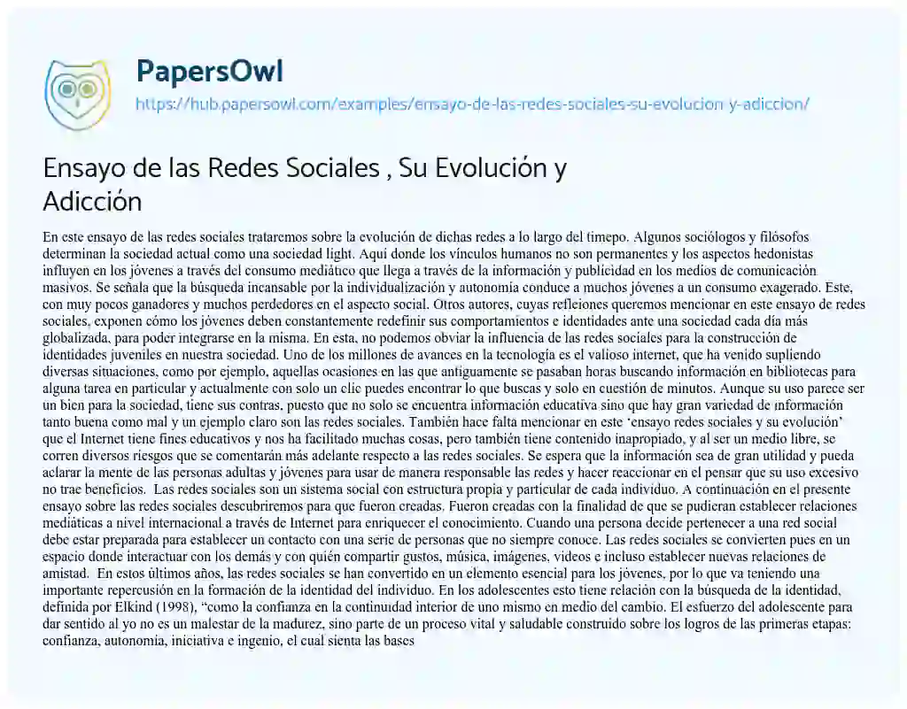 Essay on Ensayo de las Redes Sociales , Su Evolución y Adicción