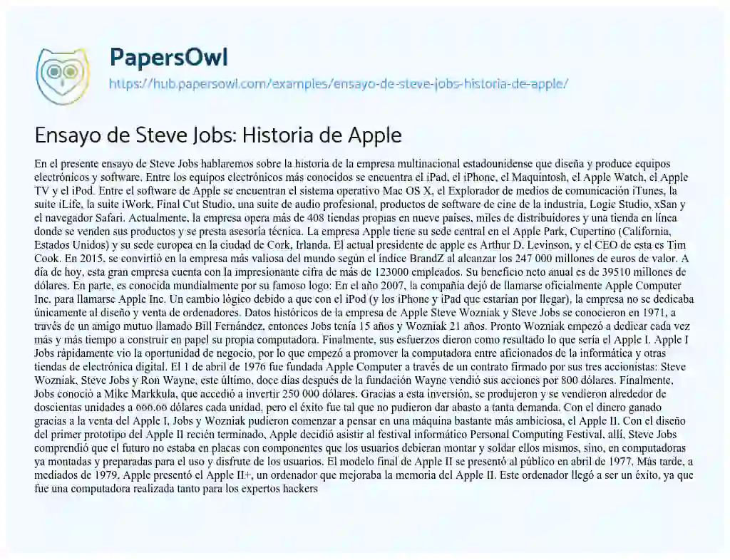 Essay on Ensayo de Steve Jobs: Historia de Apple