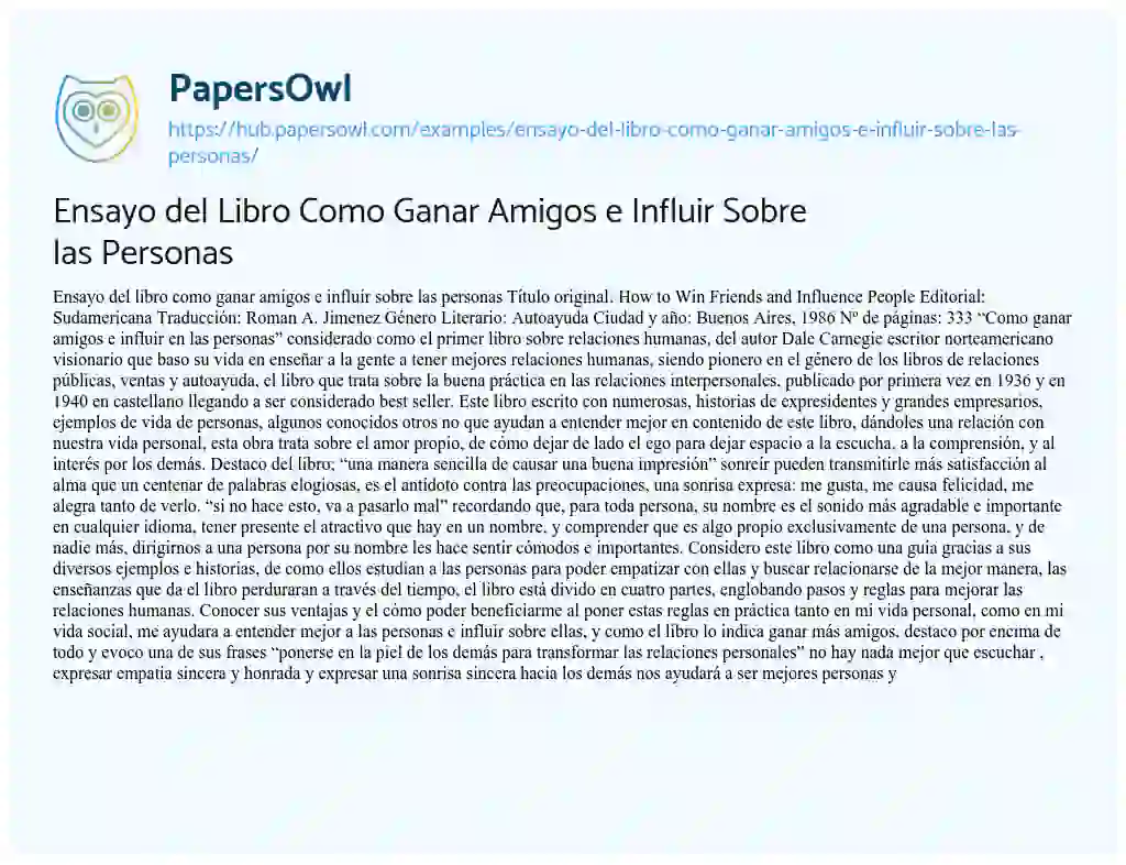 Essay on Ensayo del Libro Como Ganar Amigos e Influir Sobre las Personas