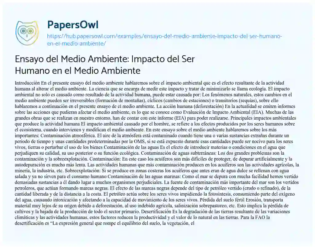 Essay on Ensayo del Medio Ambiente: Impacto del Ser Humano en el Medio Ambiente