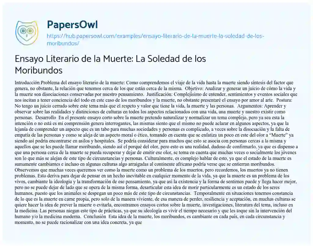 Essay on Ensayo Literario de la Muerte: La Soledad de los Moribundos