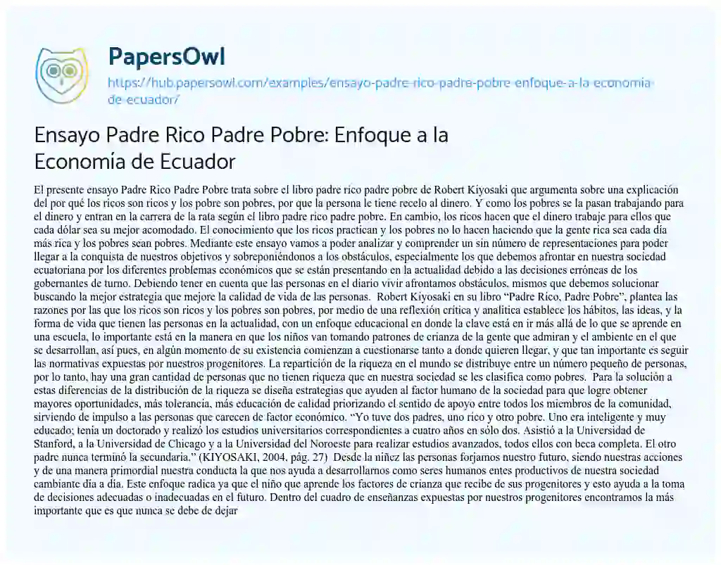 Essay on Ensayo Padre Rico Padre Pobre: Enfoque a la Economía de Ecuador
