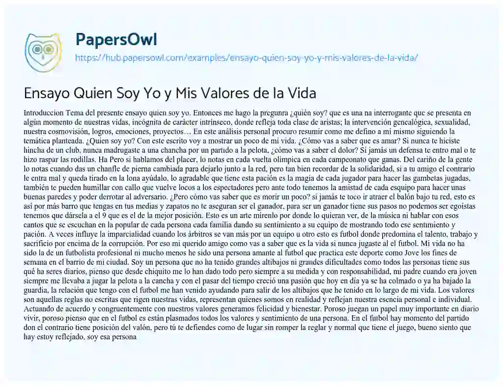 Essay on Ensayo Quien Soy Yo y Mis Valores de la Vida