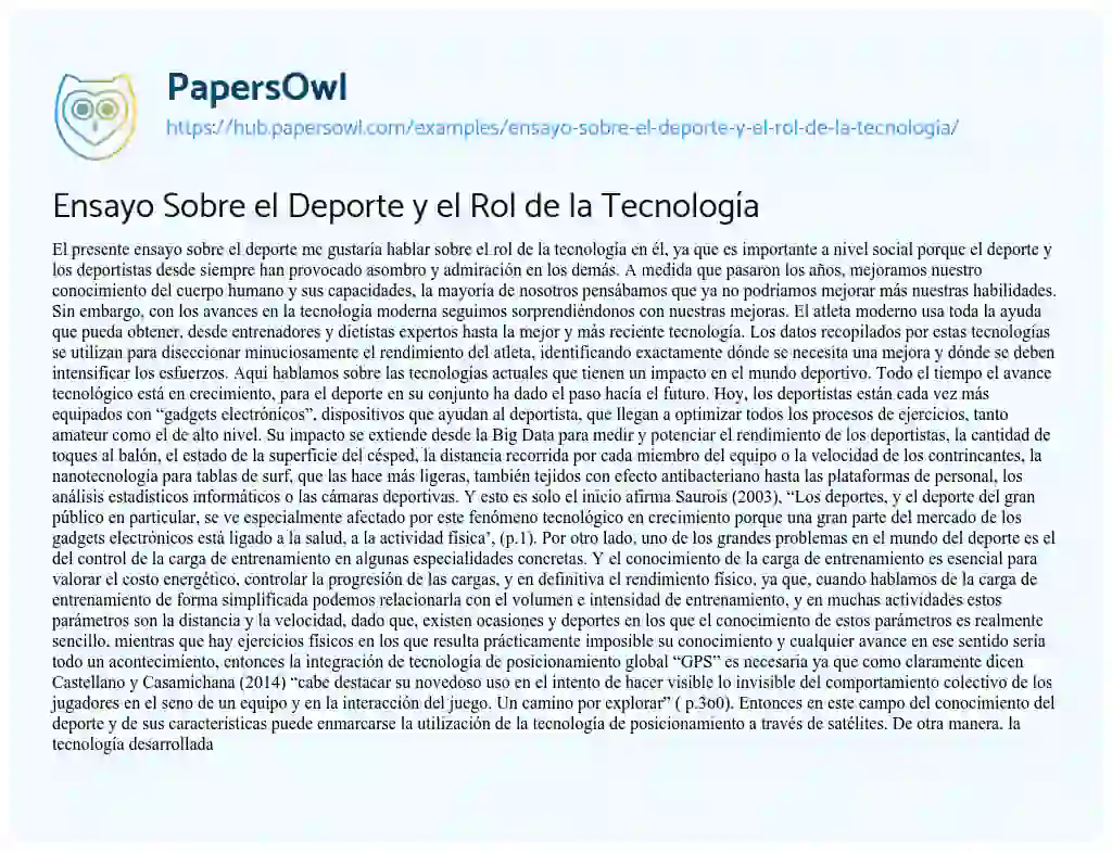 Essay on Ensayo Sobre el Deporte y el Rol de la Tecnología