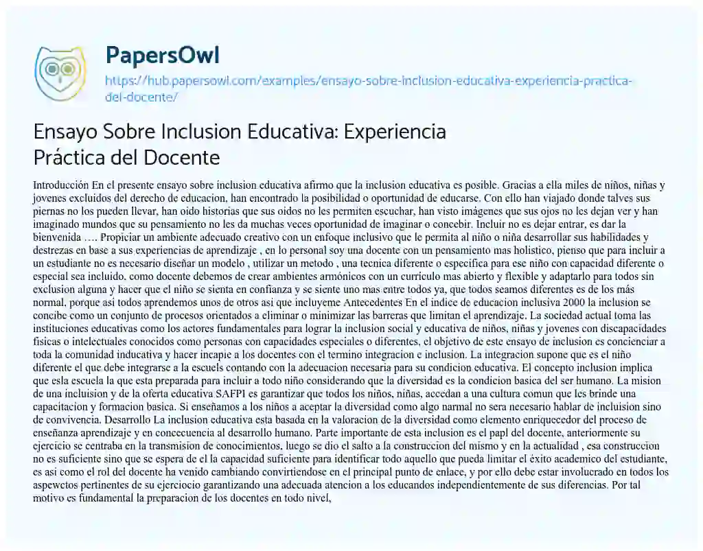 Essay on Ensayo Sobre Inclusion Educativa: Experiencia Práctica del Docente