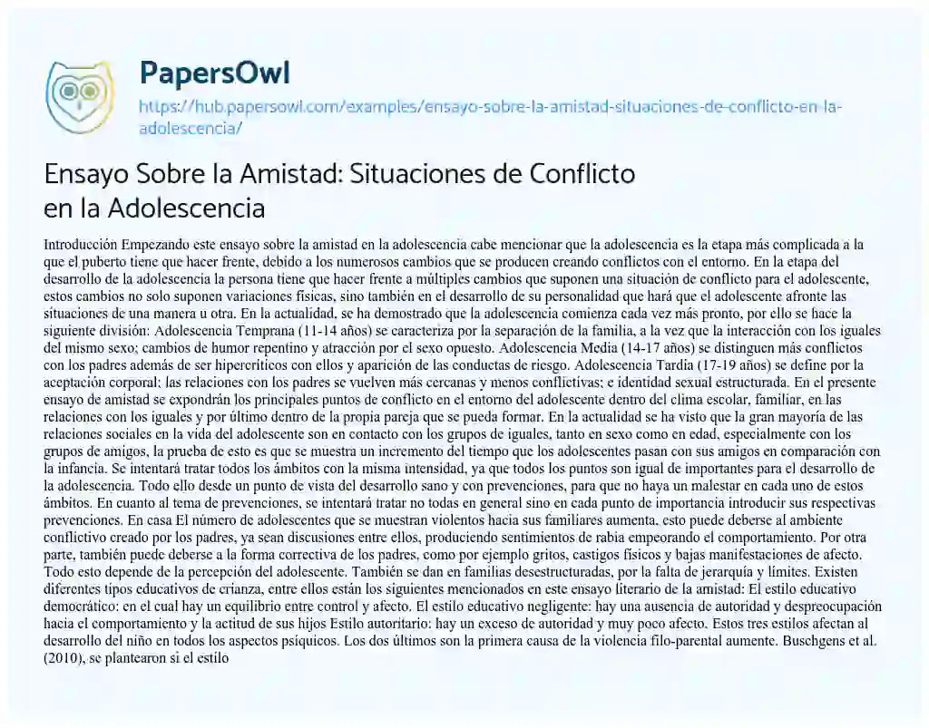 Essay on Ensayo Sobre la Amistad: Situaciones de Conflicto en la Adolescencia
