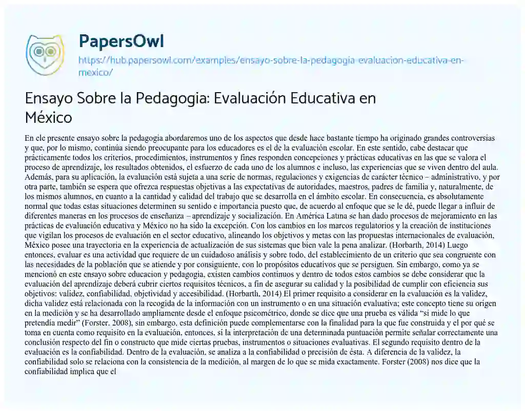 Essay on Ensayo Sobre la Pedagogia: Evaluación Educativa en México