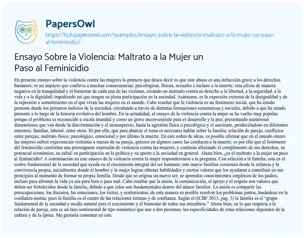 Essay on Ensayo Sobre la Violencia: Maltrato a la Mujer un Paso al Feminicidio