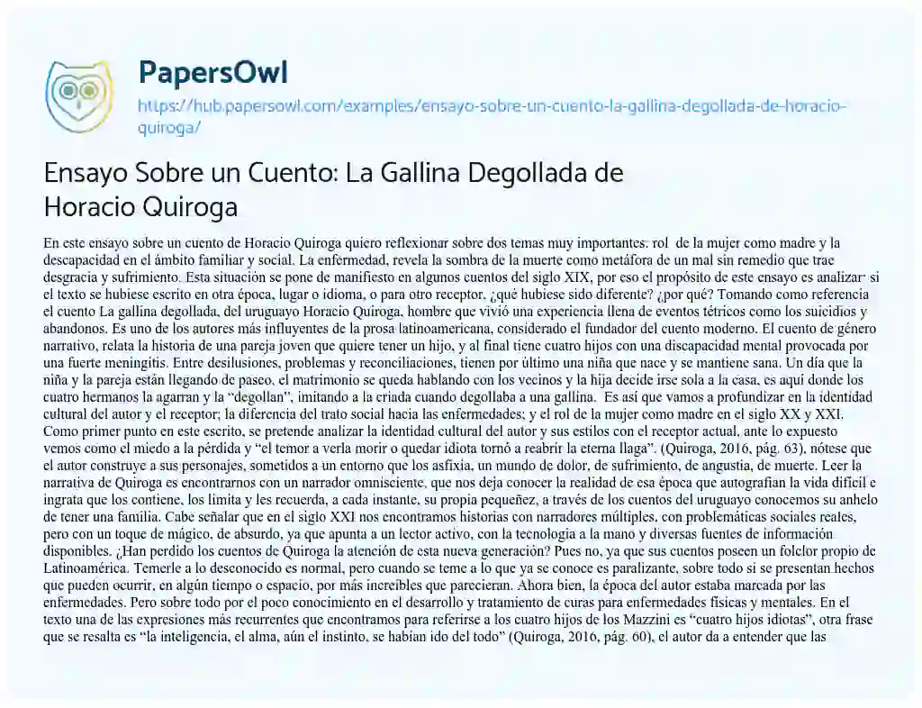 Essay on Ensayo Sobre un Cuento: La Gallina Degollada de Horacio Quiroga