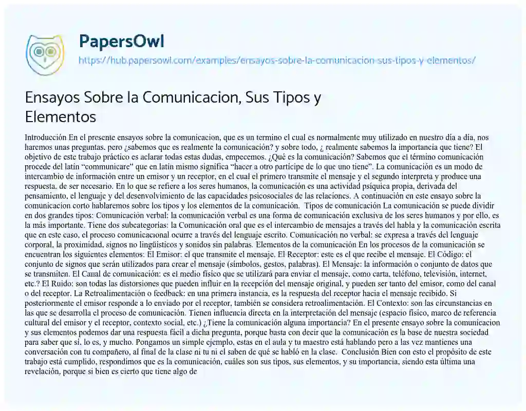 Essay on Ensayos Sobre la Comunicacion, Sus Tipos y Elementos
