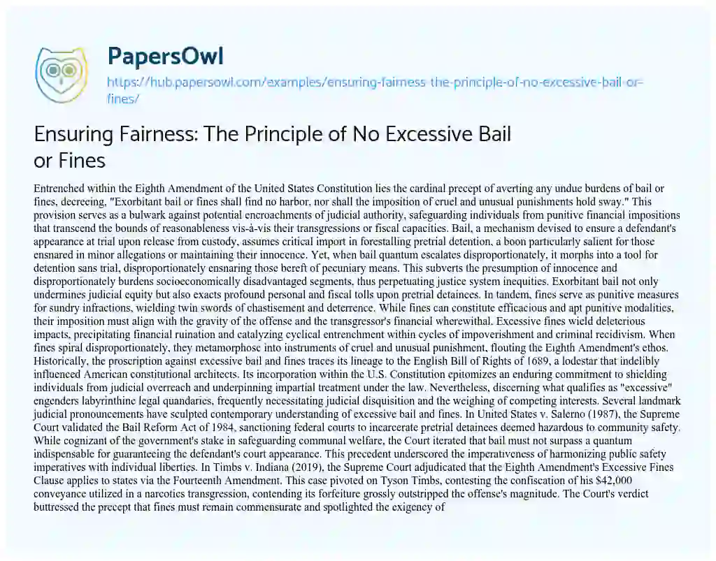 Essay on Ensuring Fairness: The Principle of No Excessive Bail or Fines