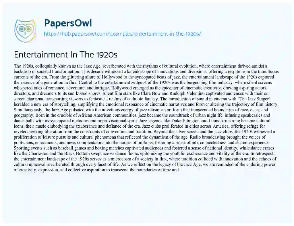 Essay on Entertainment In The 1920s