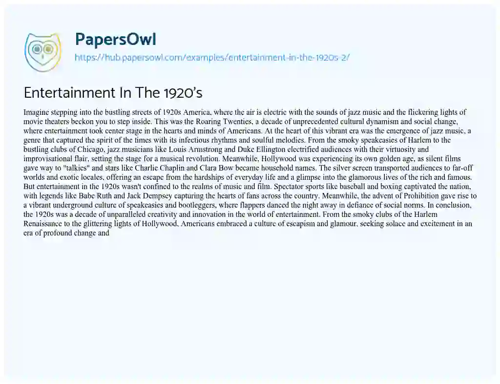 Essay on Entertainment In The 1920’s