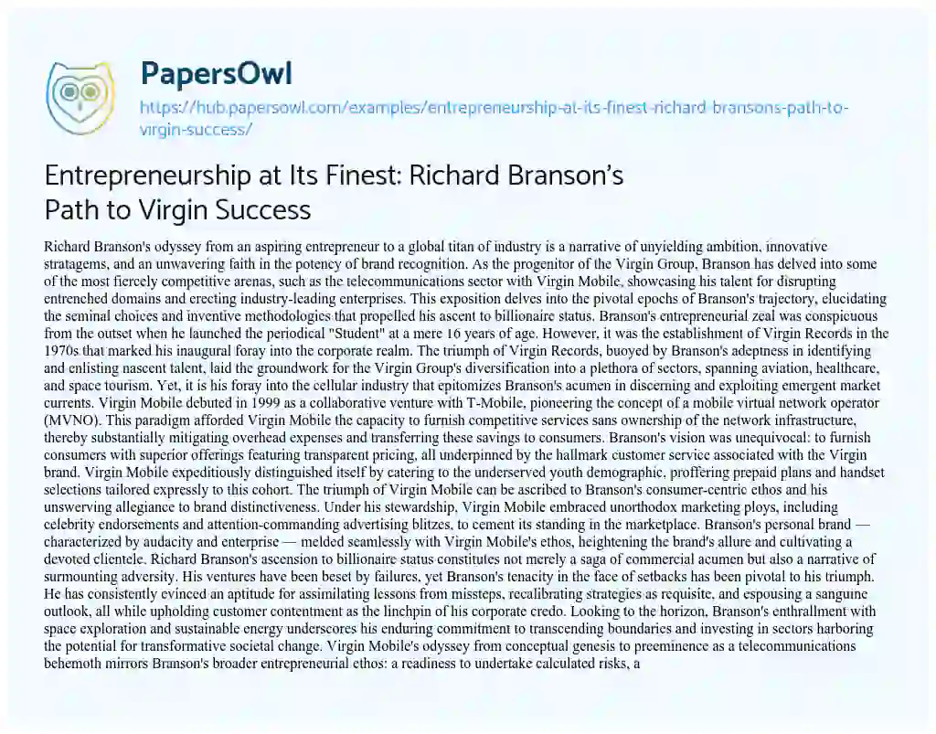 Essay on Entrepreneurship at Its Finest: Richard Branson’s Path to Virgin Success