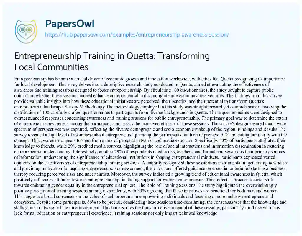 Essay on Entrepreneurship Training in Quetta: Transforming Local Communities