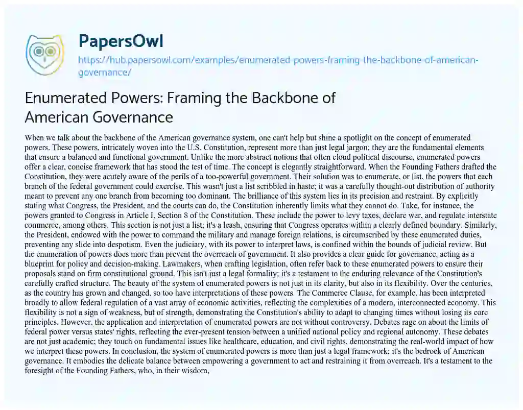 Essay on Enumerated Powers: Framing the Backbone of American Governance