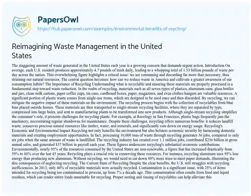 Essay on Reimagining Waste Management in the United States