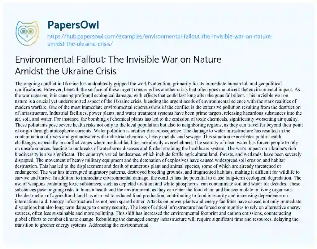 Essay on Environmental Fallout: The Invisible War on Nature Amidst the Ukraine Crisis