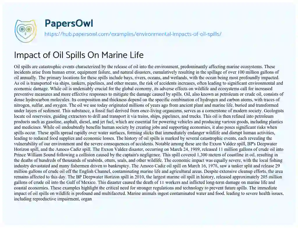 Essay on Impact of Oil Spills On Marine Life